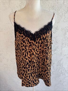 Leopard Lace Trim satin camisole lingerie adjustable strap tank top size XL